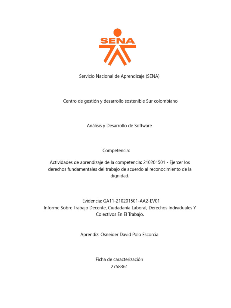 Informe Sobre Trabajo Decente - GA11 210201501 AA2 EV01 | PDF | Derecho ...
