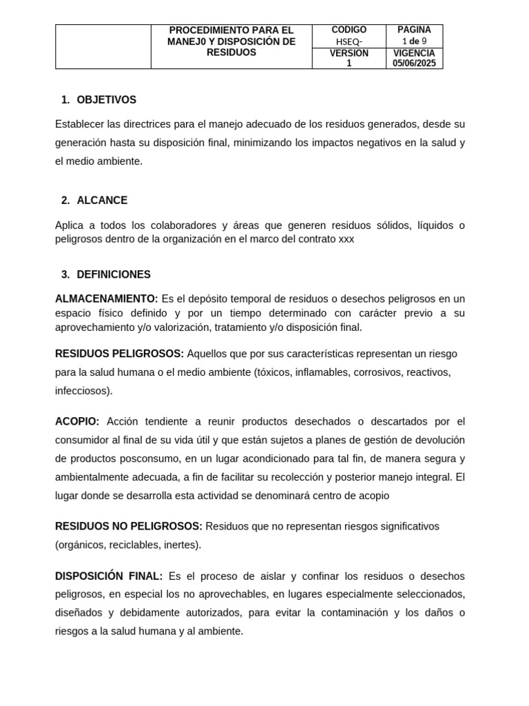 Procedimiento Manejo y Disposicion de Residuos | PDF | Residuos ...