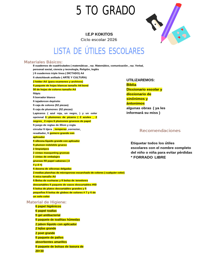 Lista de Ùtiles 5to Grado Editado | PDF | Materiales