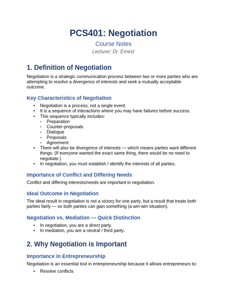 PCS401 Negotiation Notes | PDF | Negotiation | Mediation