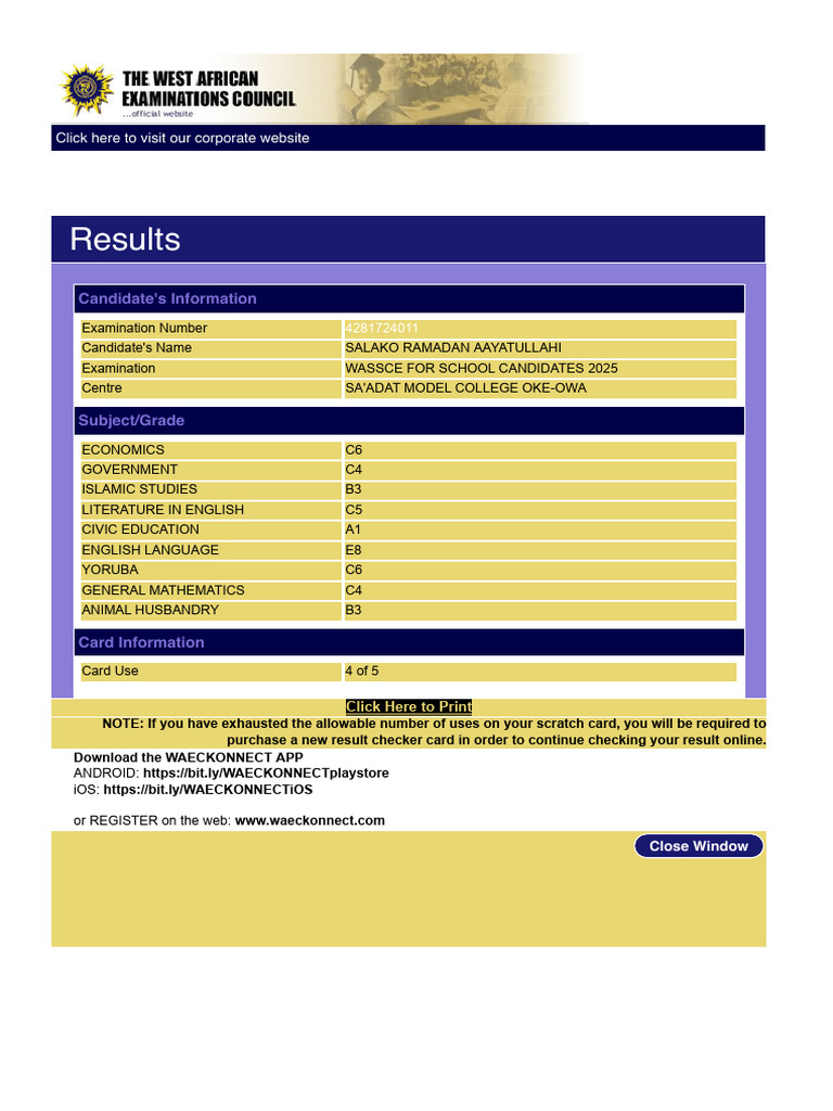 Waecdirect Online - Results | PDF