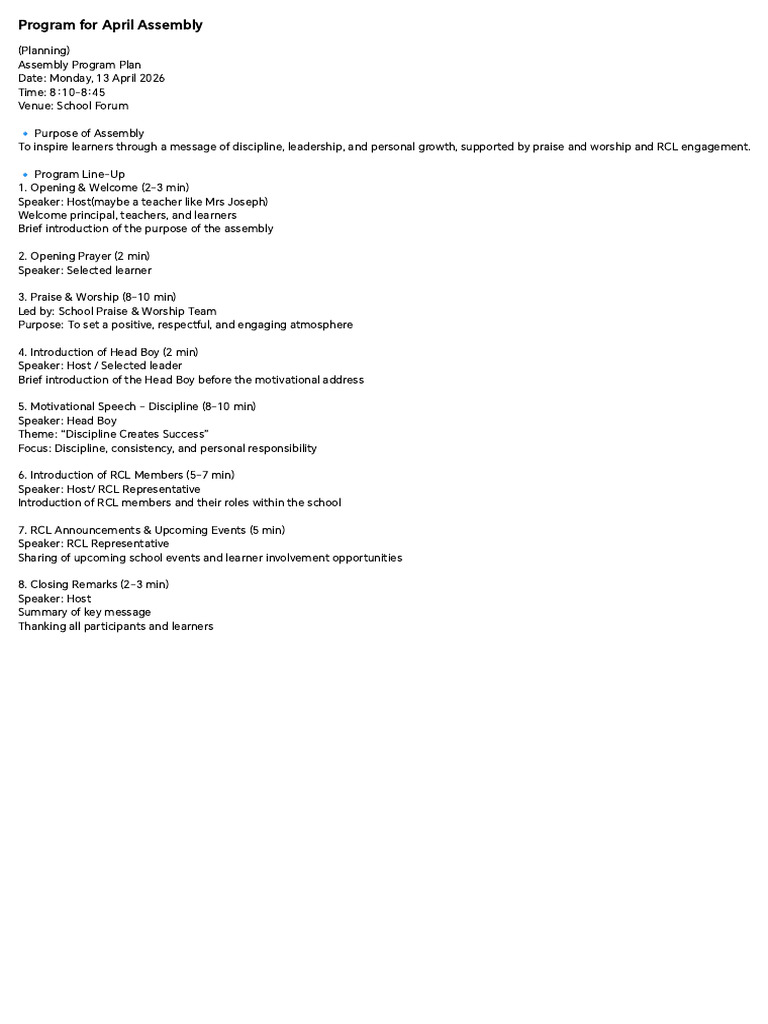 Program for April Assembly | PDF