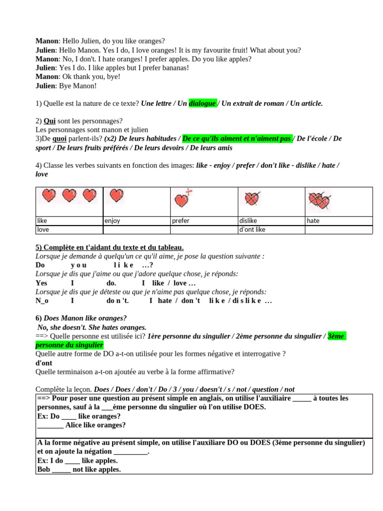 Fiche Likes and Dislikes Présent Simple | PDF | Fruit