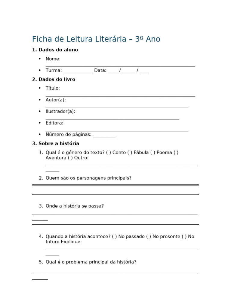 Ficha de Leitura - 3º Ano | PDF