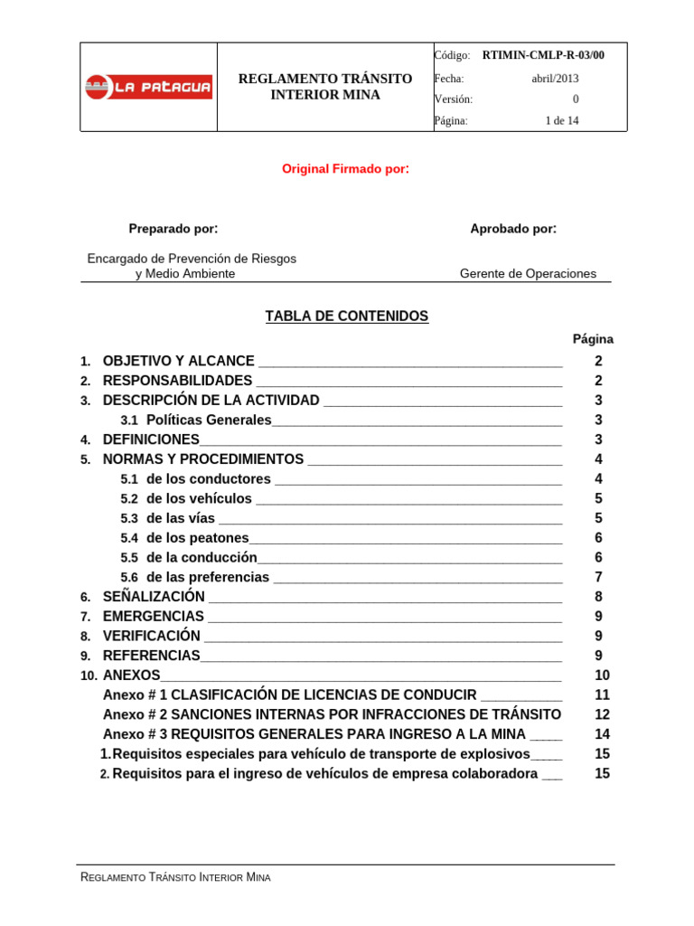 003 Tránsito Interior Mina TIMIN-CMLP-R-003 Versión 1 15-04-13 | PDF ...