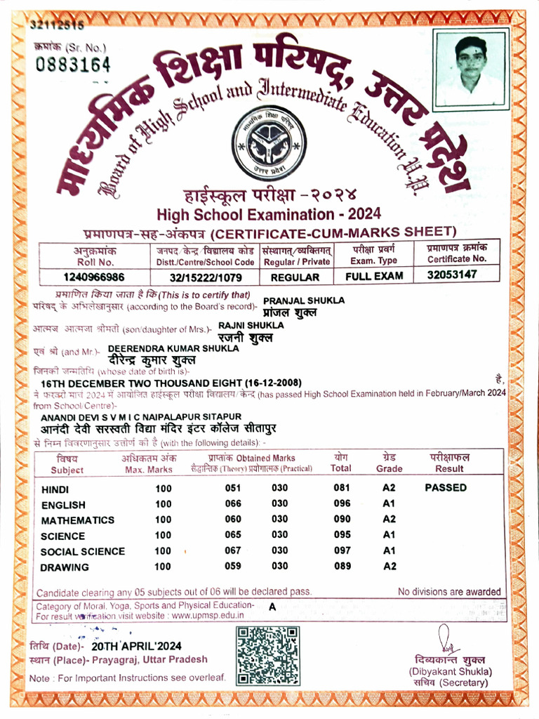Class 10 Marksheet Pranjal Shukla | PDF