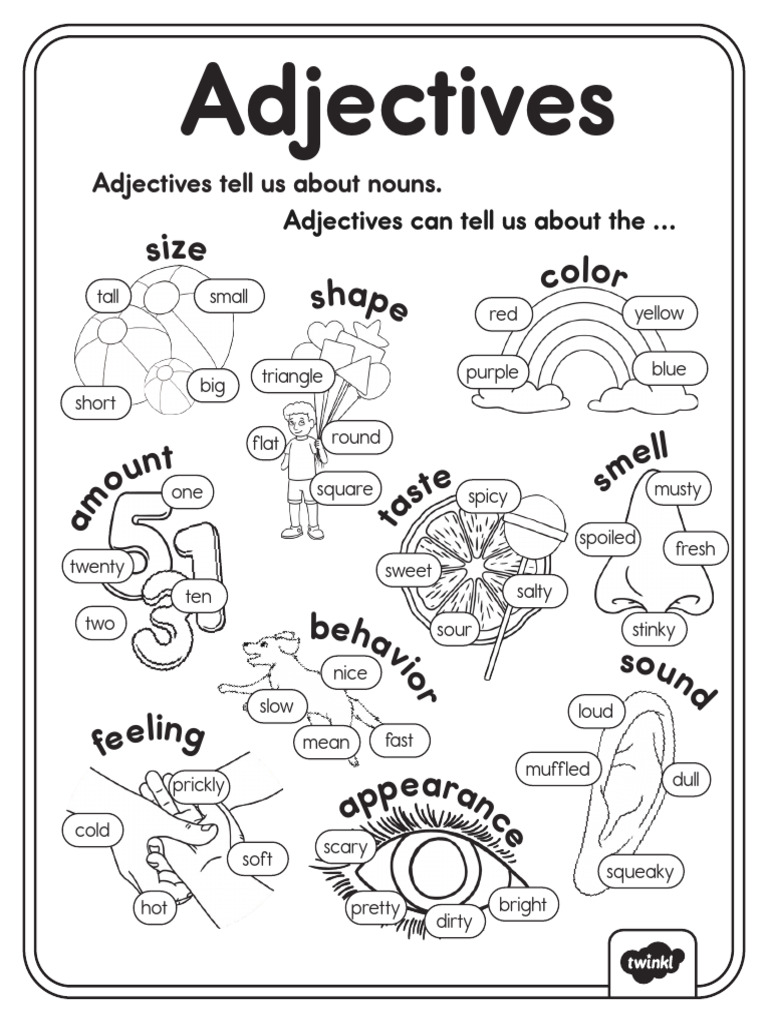 BW First Grade Adjectives Poster | PDF | Linguistics | Linguistic ...