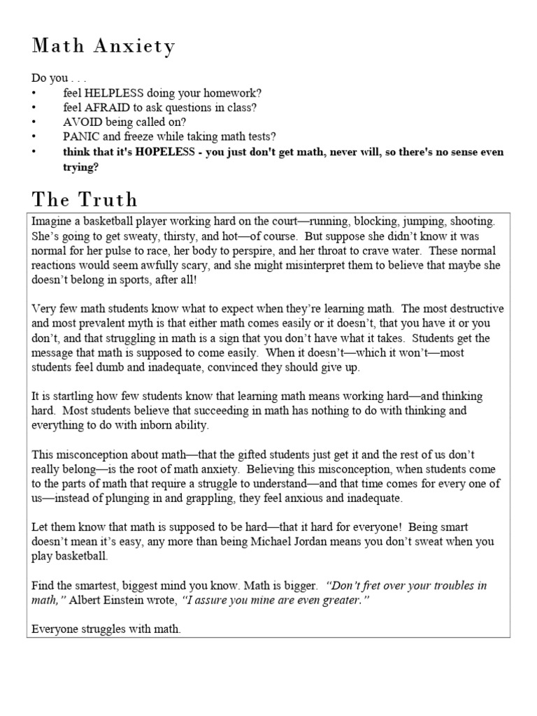Math Anxiety | PDF | Mathematics | Behavioural Sciences