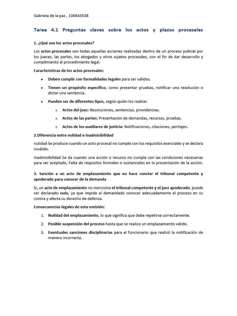 Tarea 4.1 Preguntas Claves Sobre Los Actos y Plazos Procesales | PDF