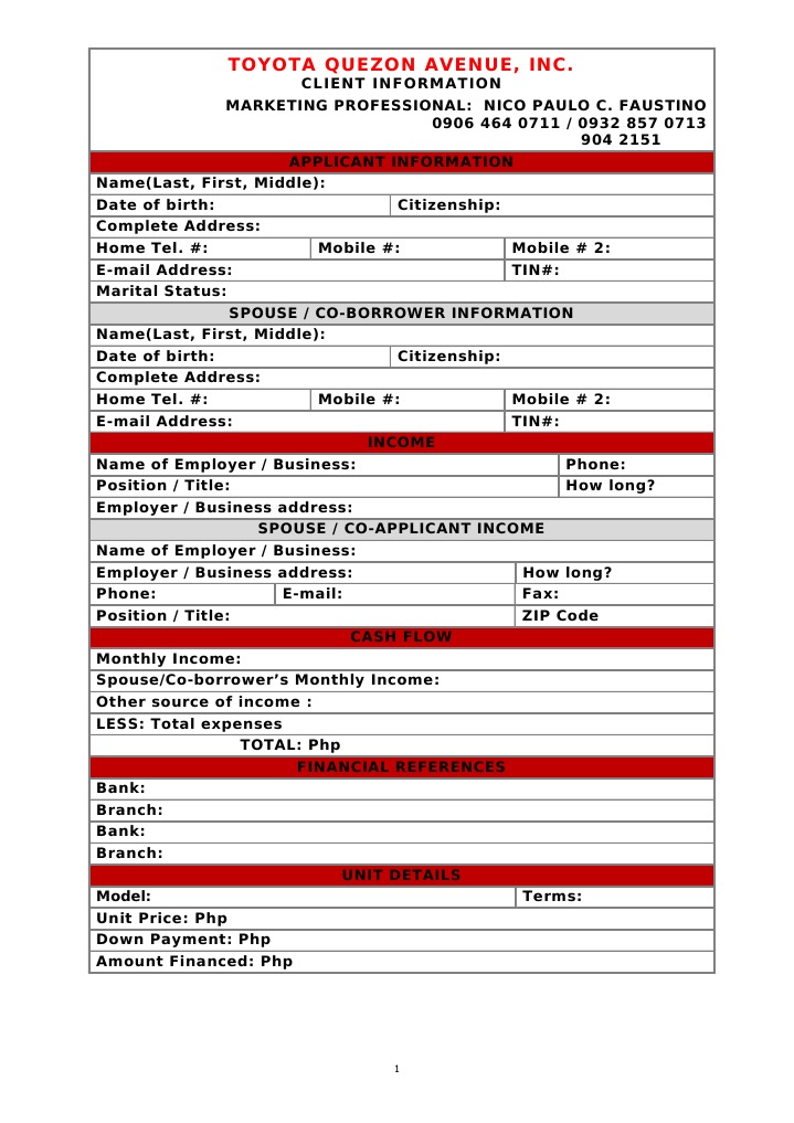 Toyota Credit Application Form Banking Business