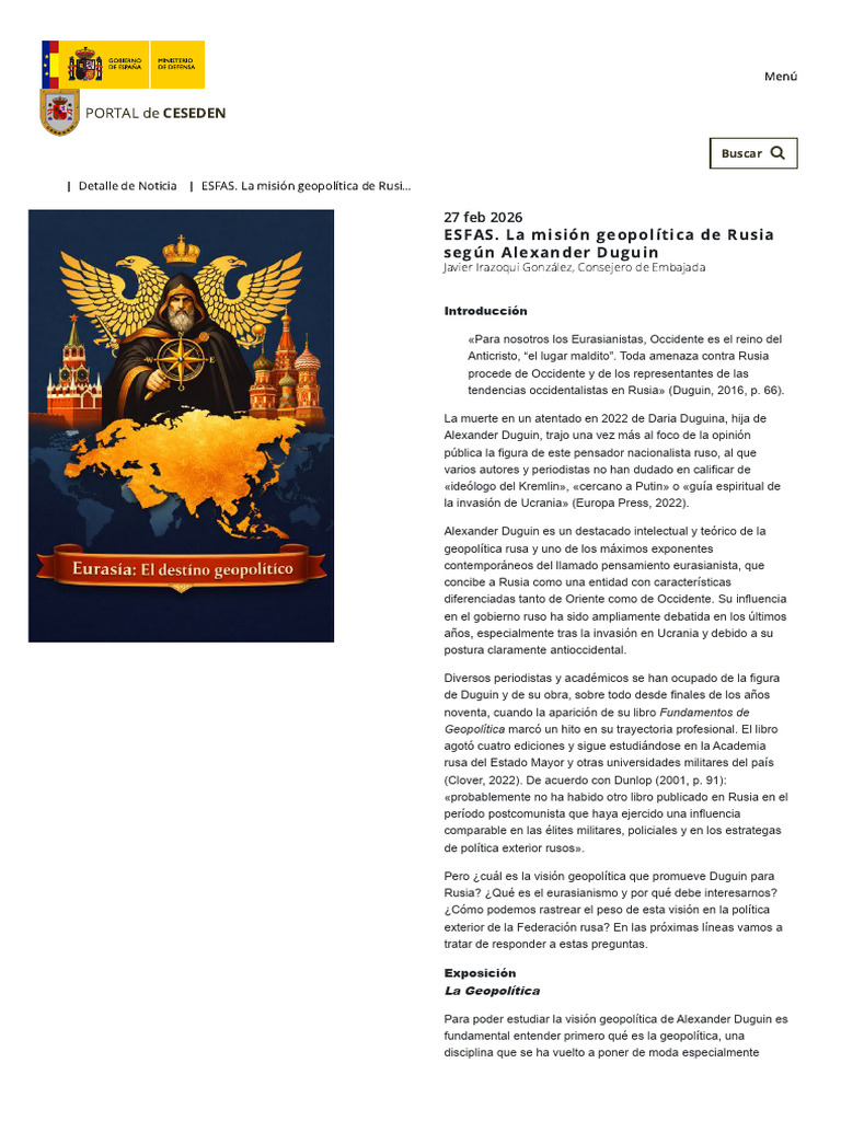 ESFAS. La Misión Geopolítica de Rusia Según Alexander Duguin - CESEDEN ...