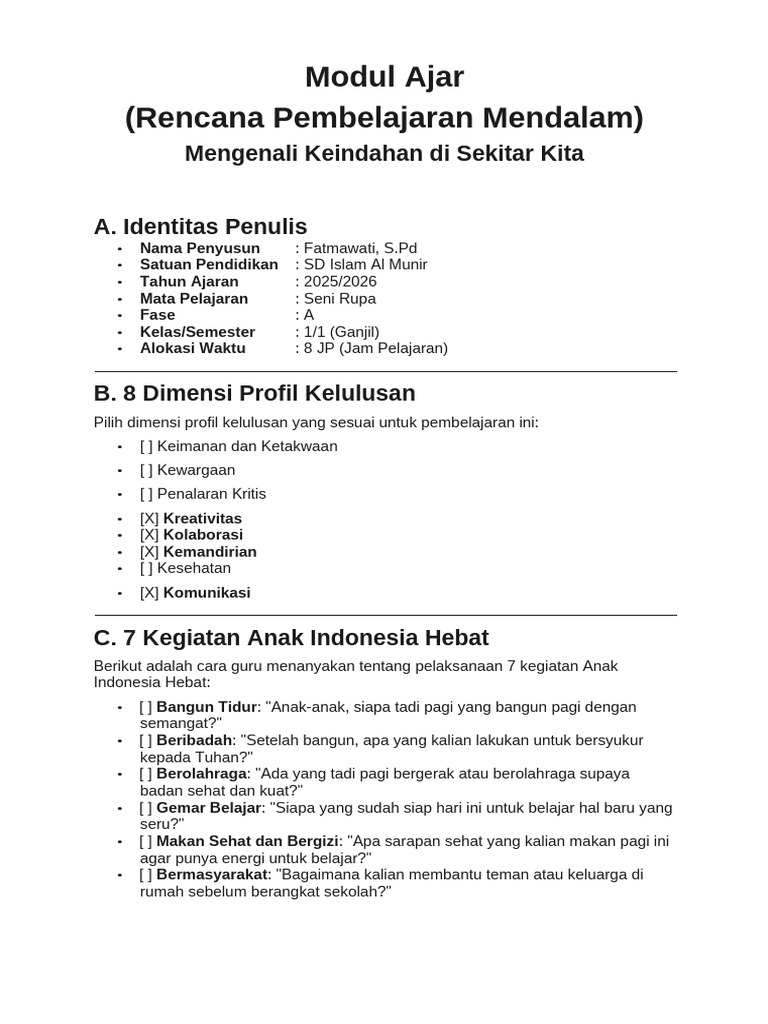 Modul Ajar Rpm Seni Rupa Kelas 1 | PDF