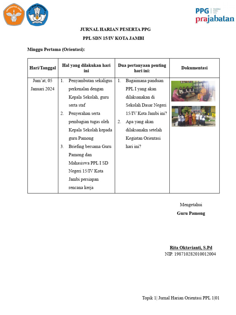 B1-4. Jurnal Harian- Orientasi PPL 1 | PDF