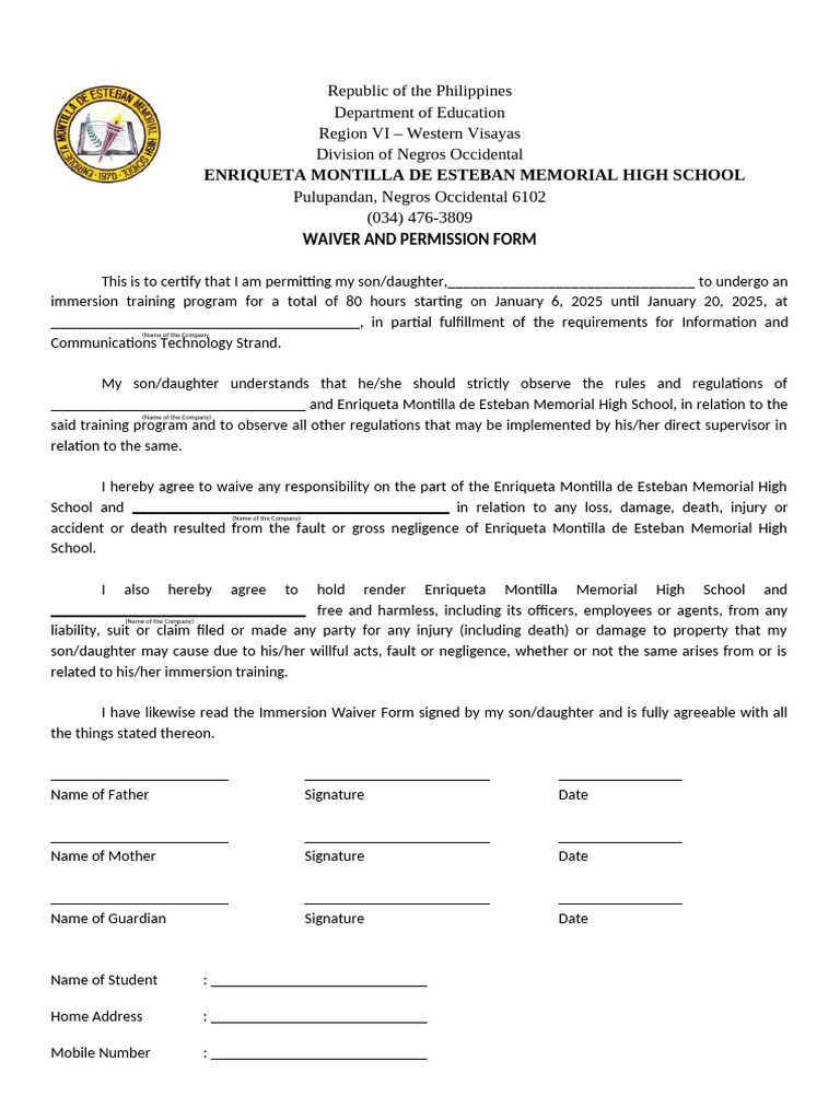 Work Immersion Consent | PDF