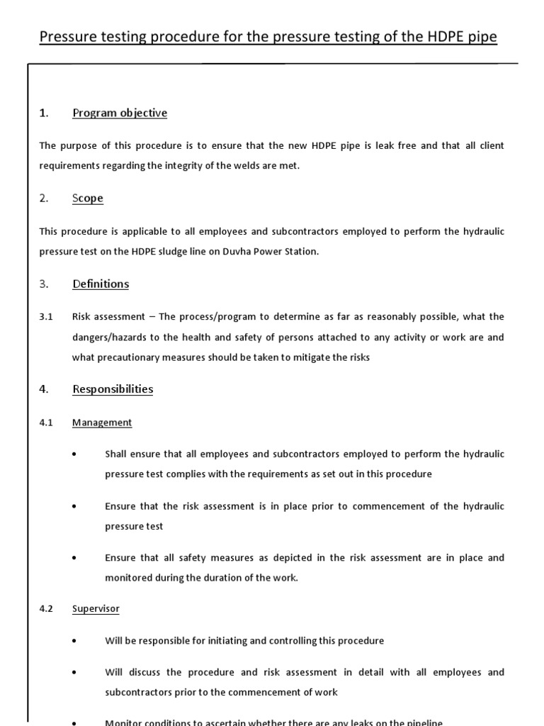 HDPE Pipe Pressure Testing Procedure | PDF | Risk Assessment | Risk