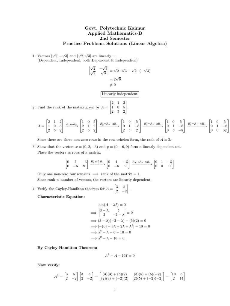 Linear Algebra-practice Problem Solutions | PDF | Algebra ...
