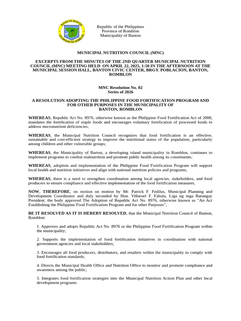 Mnc Resolution No. 02, s. 2026 | PDF | Malnutrition | Nutrition