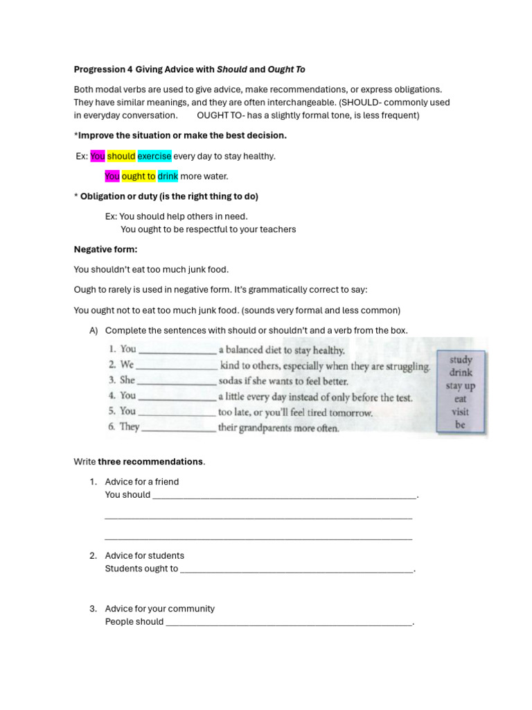Progression 4 Giving Advice With Should and Ought To | PDF
