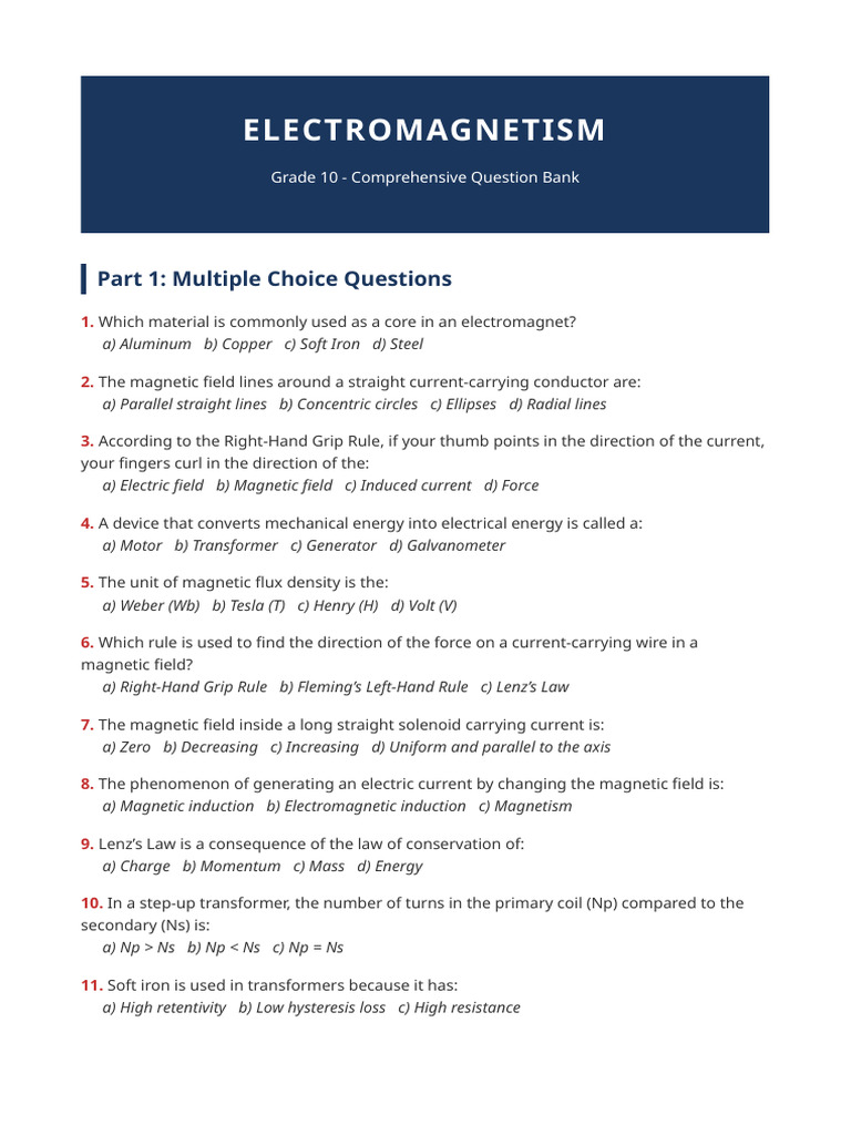 Grade 10 Electromagnetism Exam | PDF | Magnetic Field | Electromagnetic ...