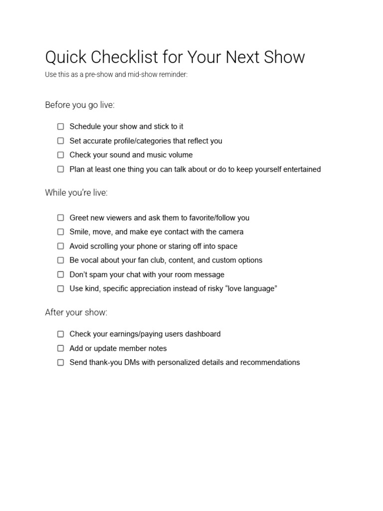 Quick Checklist for Your Next Show | PDF