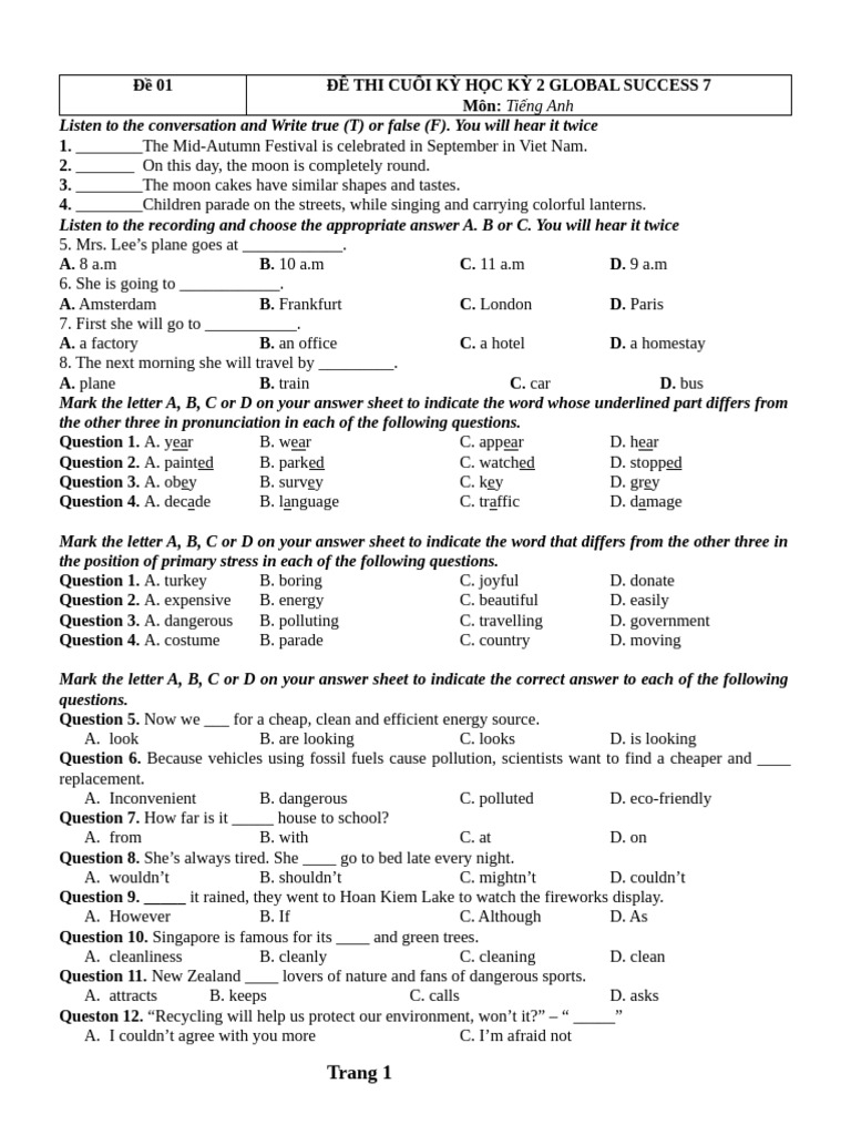 Bộ 5 Đề Thi Ck 2 Gs 7 | PDF | English Language