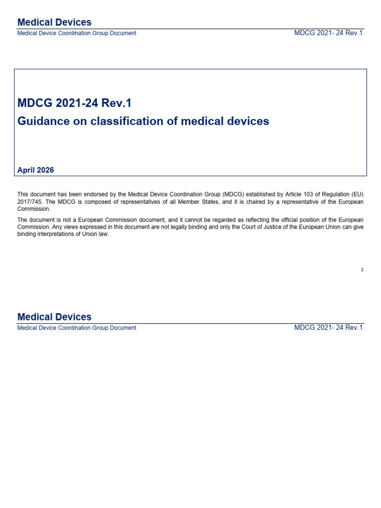 Mdcg_2021-24_en Guidance on Classification of Medical Devices Rev 1 ...