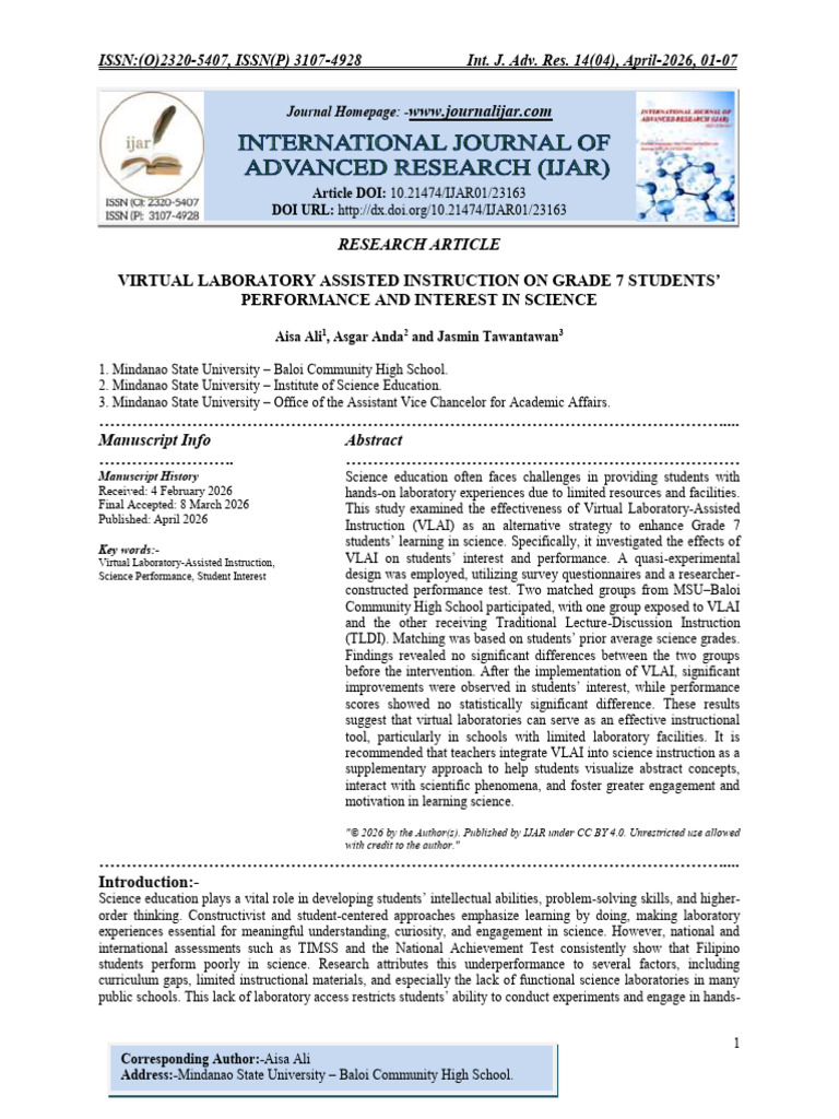 VIRTUAL LABORATORY ASSISTED INSTRUCTION ON GRADE 7 STUDENTS PERFORMANCE ...