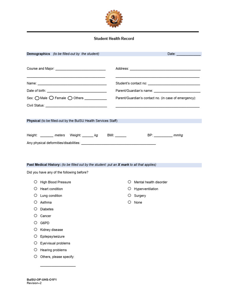 FORM - Student Health Record 2026 | PDF | Medical Specialties ...