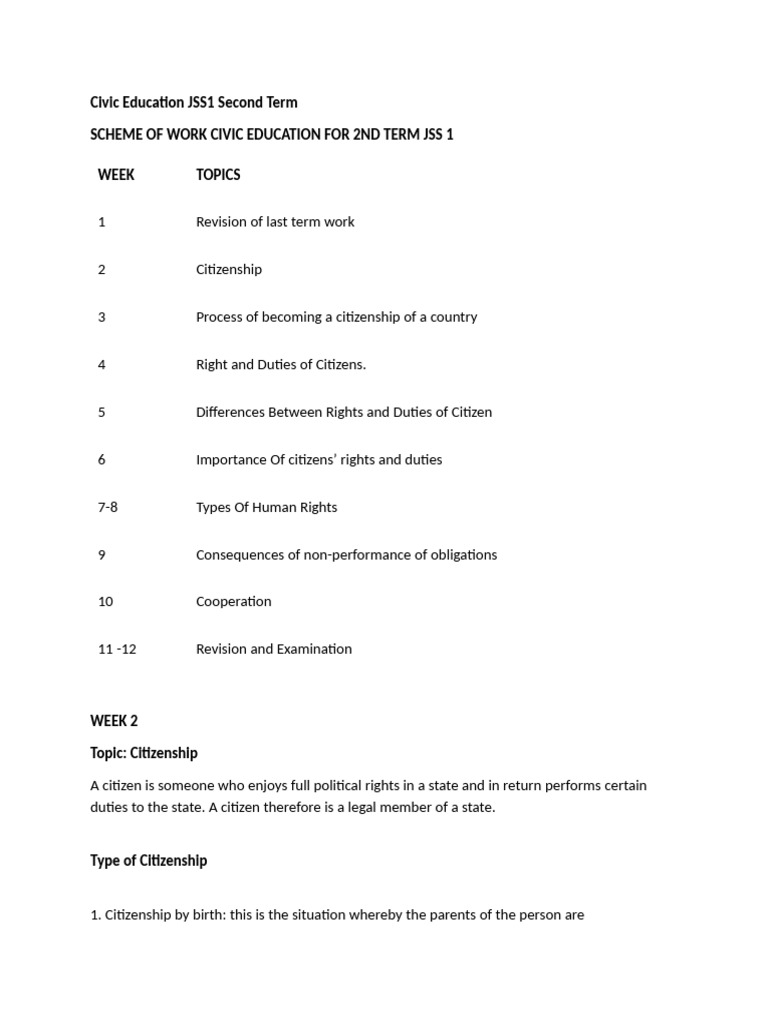 Civic Education JSS1 Second Term lesson note | PDF | Citizenship | Well ...