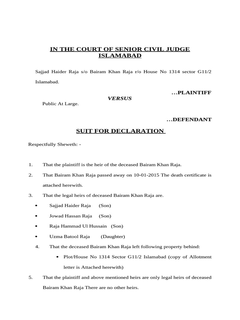 suit for declaration--------------Sajjad Haider Raja | PDF ...