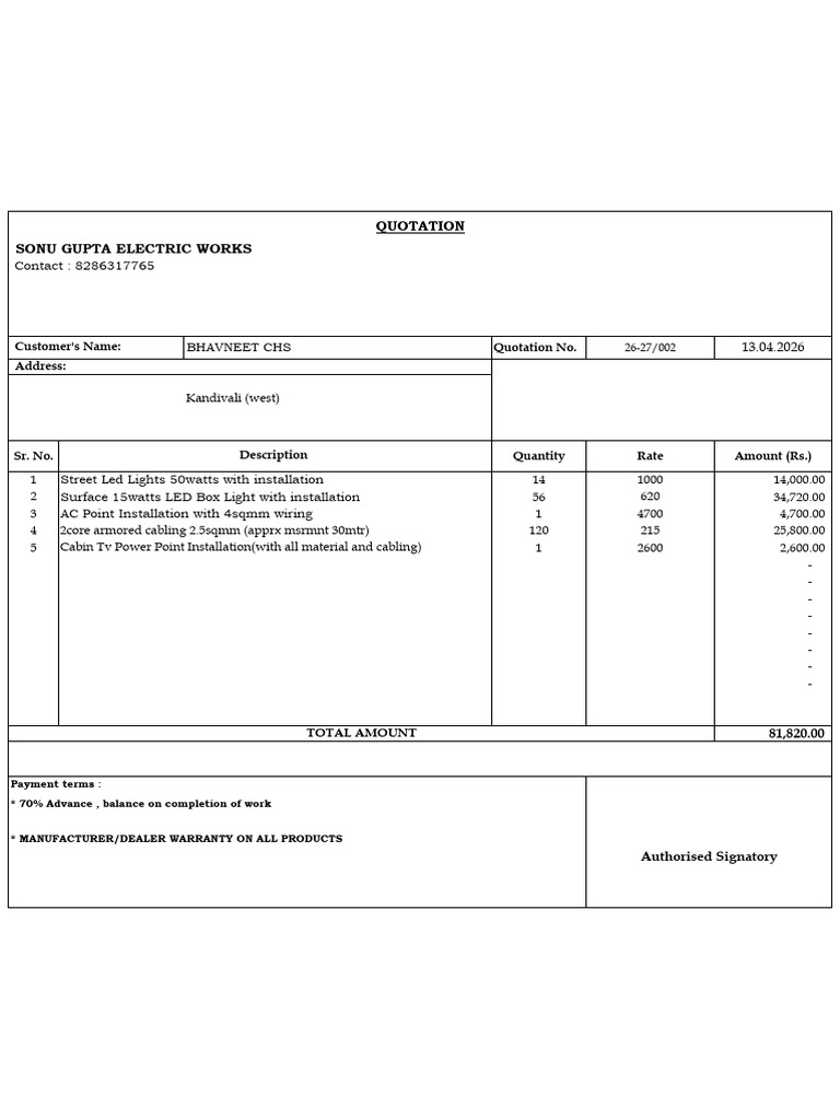 Quotation Electric Work Revsd | PDF