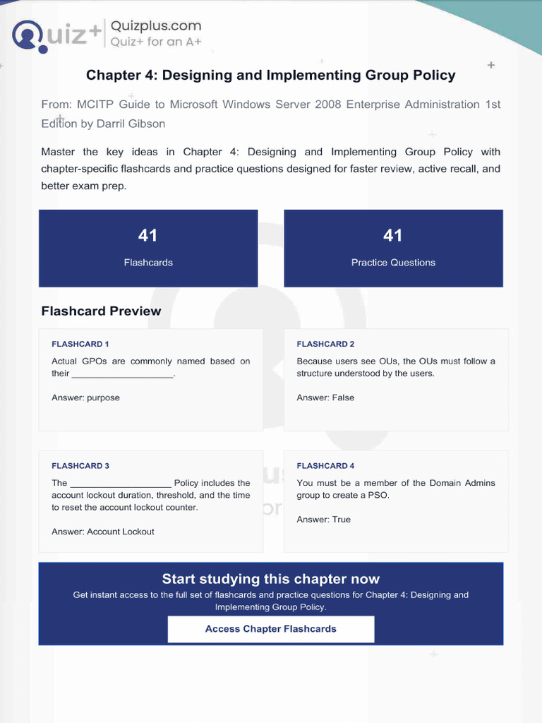 Flashcards for Chapter 4 Designing and Implementing Group Policy | PDF