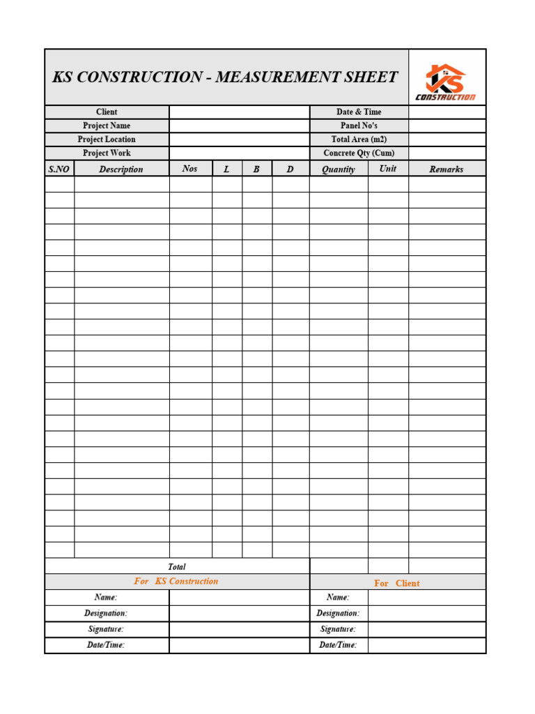 KS Construction - Measurement Sheet | PDF