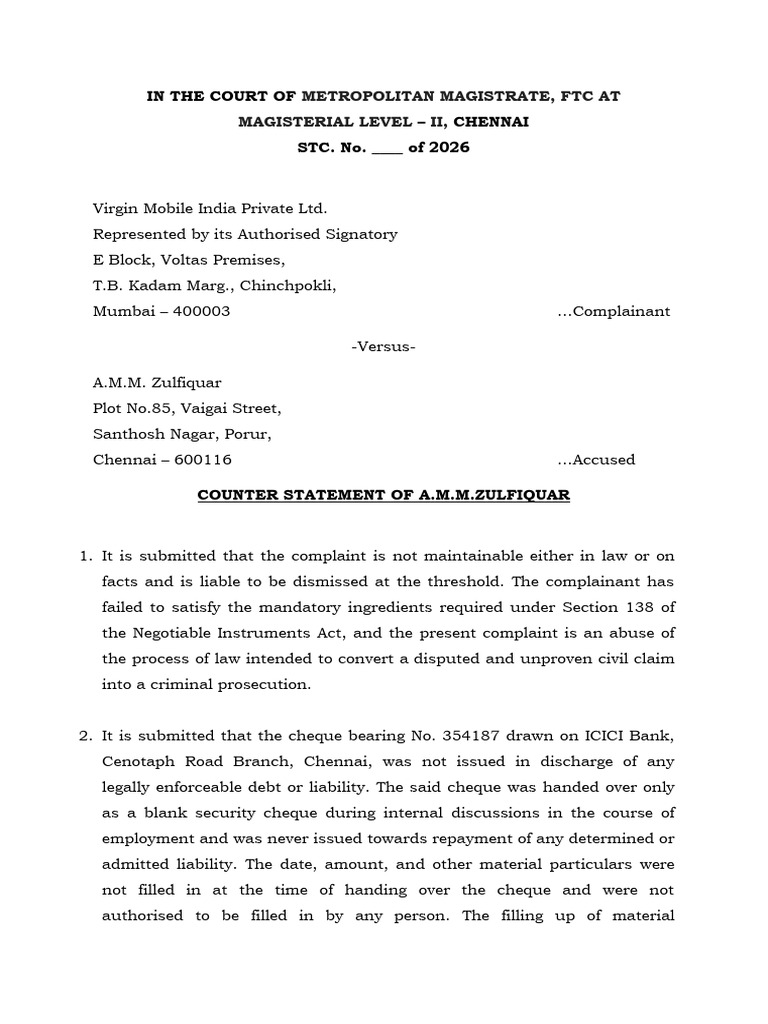 Counter Statement of Zulfiquar | PDF | Cheque | Burden Of Proof (Law)