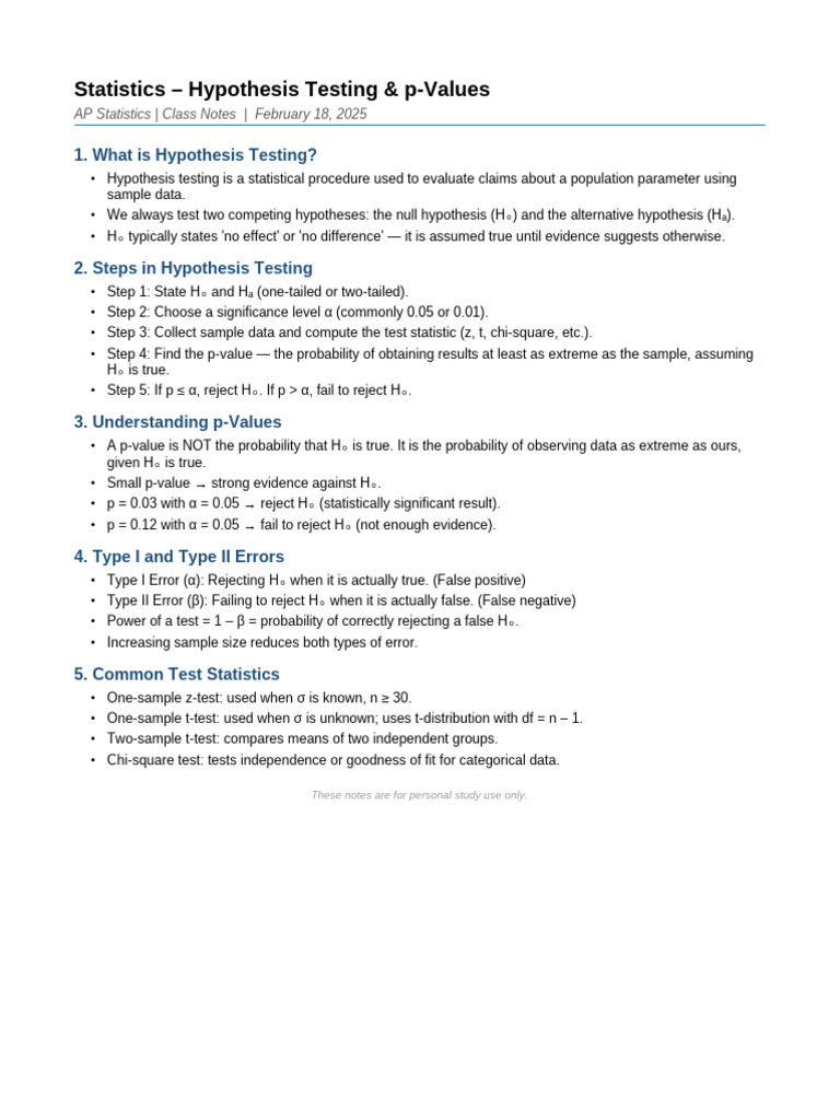 Statistics Hypothesis Testing Notes | PDF