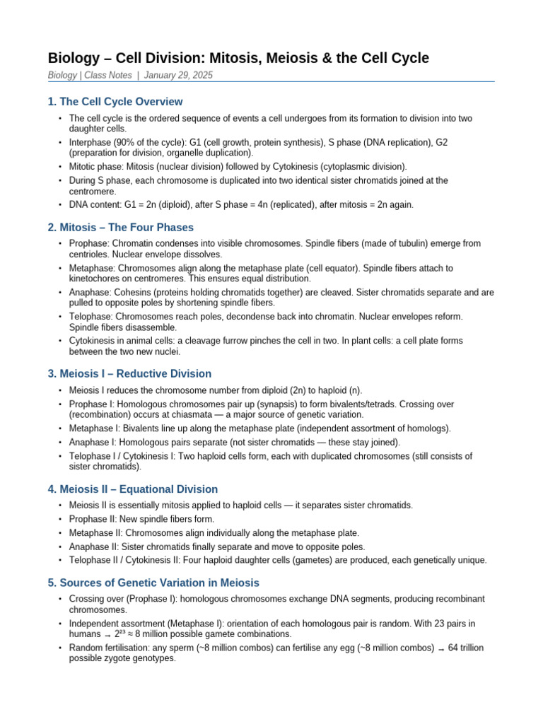 Biology Cell Division Notes | PDF | Meiosis | Mitosis