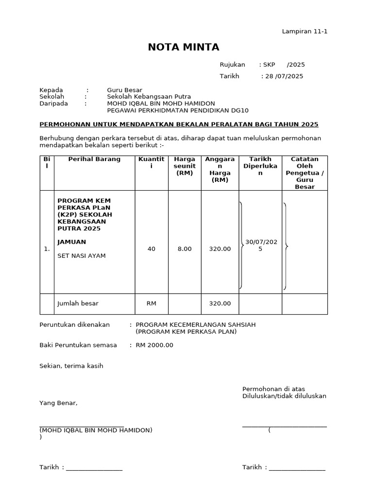 Nota Minta Plan Makan Sesi 1 | PDF