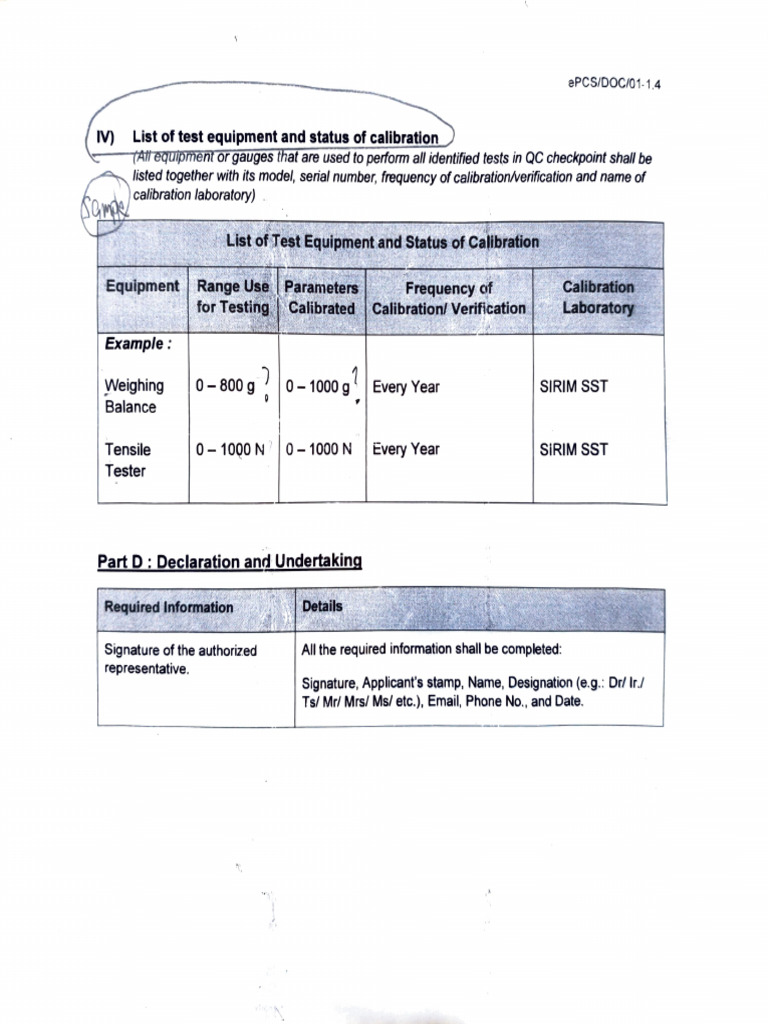 Sample of List of Test Equipment | PDF