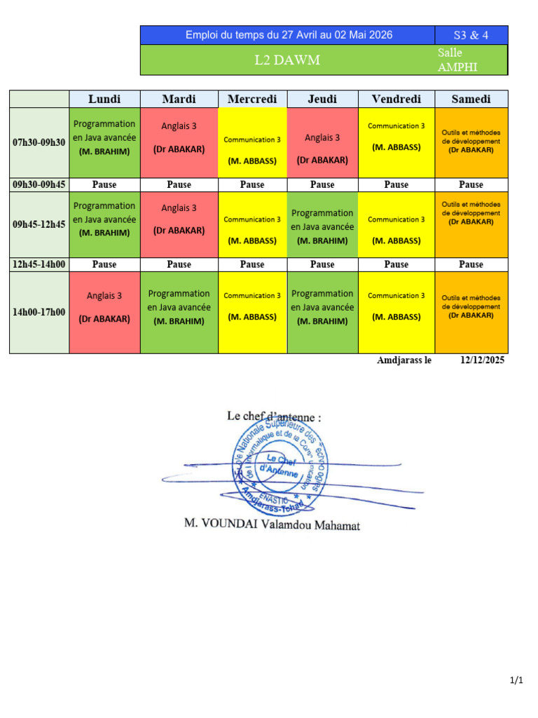 Emploi Du Temps Du 27 Avril Au 02 Mai 2026 DAWM L2 | PDF