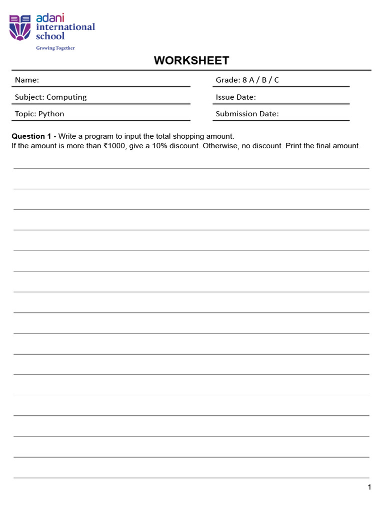 25-26 Grade 8 Worksheet - Python Programs.docx | PDF