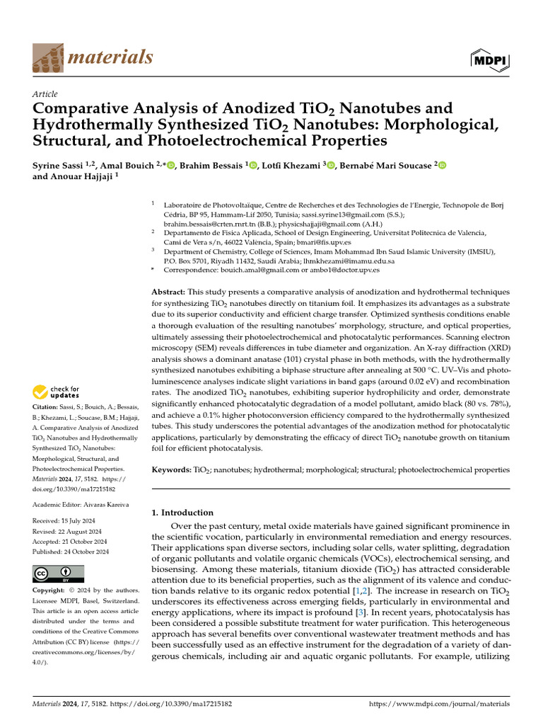 Comparative Analysis of Anodized TiO2 Nanotubes and Hydrothermally ...