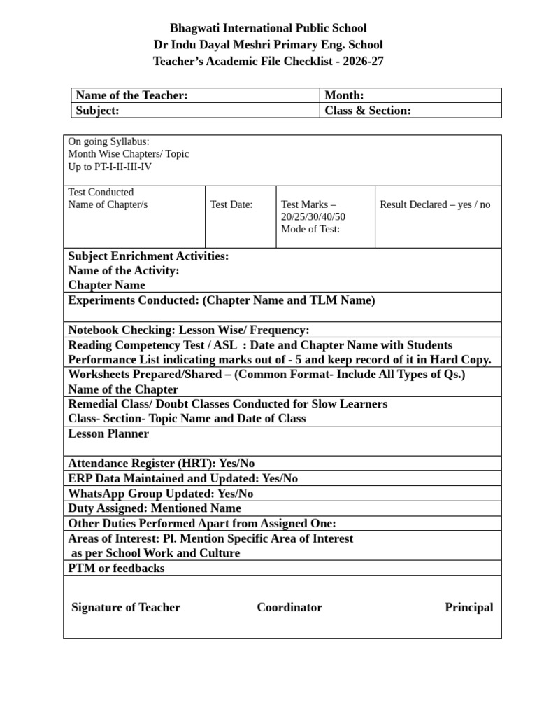 Teacher’s Academic File Checklist | PDF