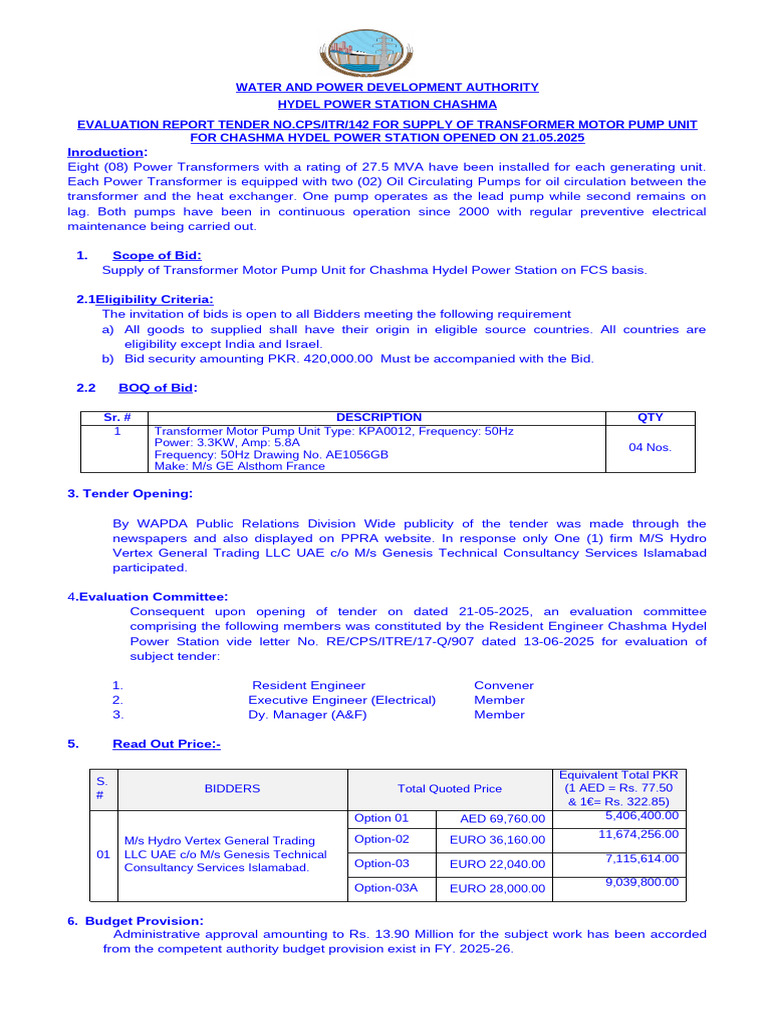 Evaluation Report Supply Transformer Motor Pump Unit Tender # 142 | PDF