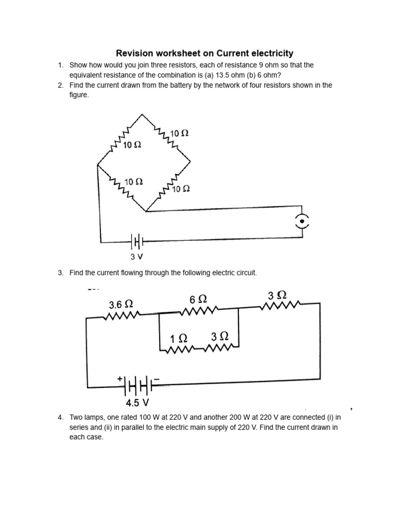 Revision Worksheet of Current Electricity | PDF