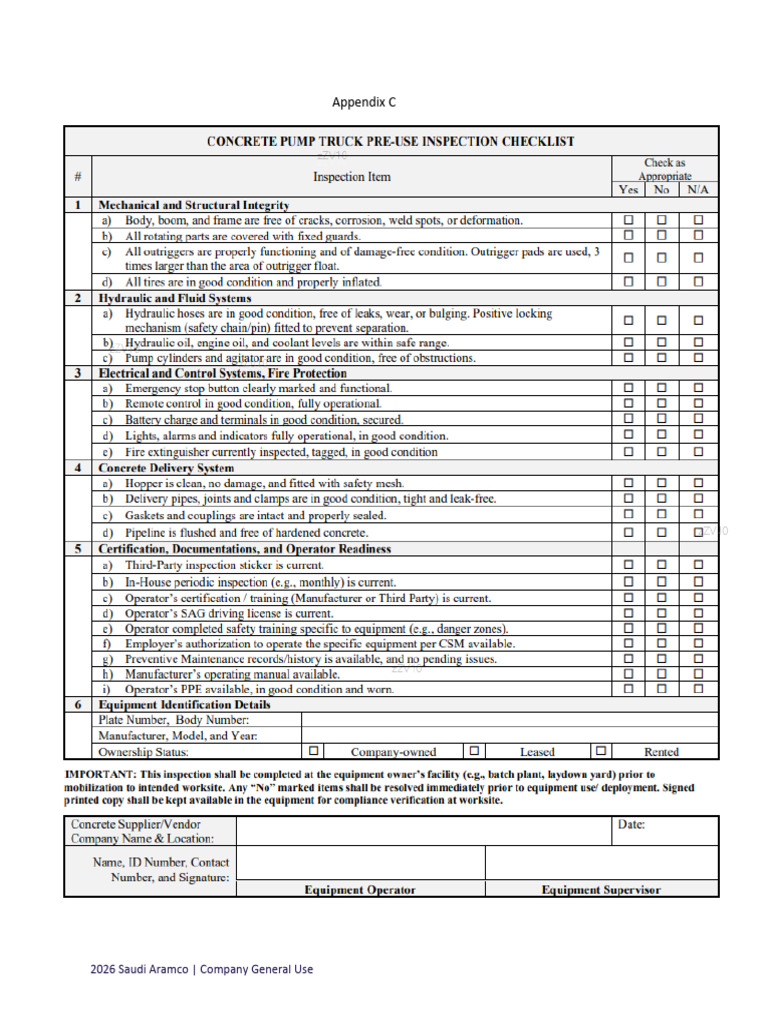 Appendix C-Concrete Pump Truck Pre-Use Inspection Checklist | PDF