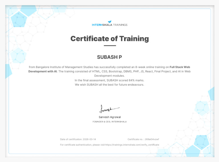 Full Stack Web Development With AI Training - Certificate of Completion ...