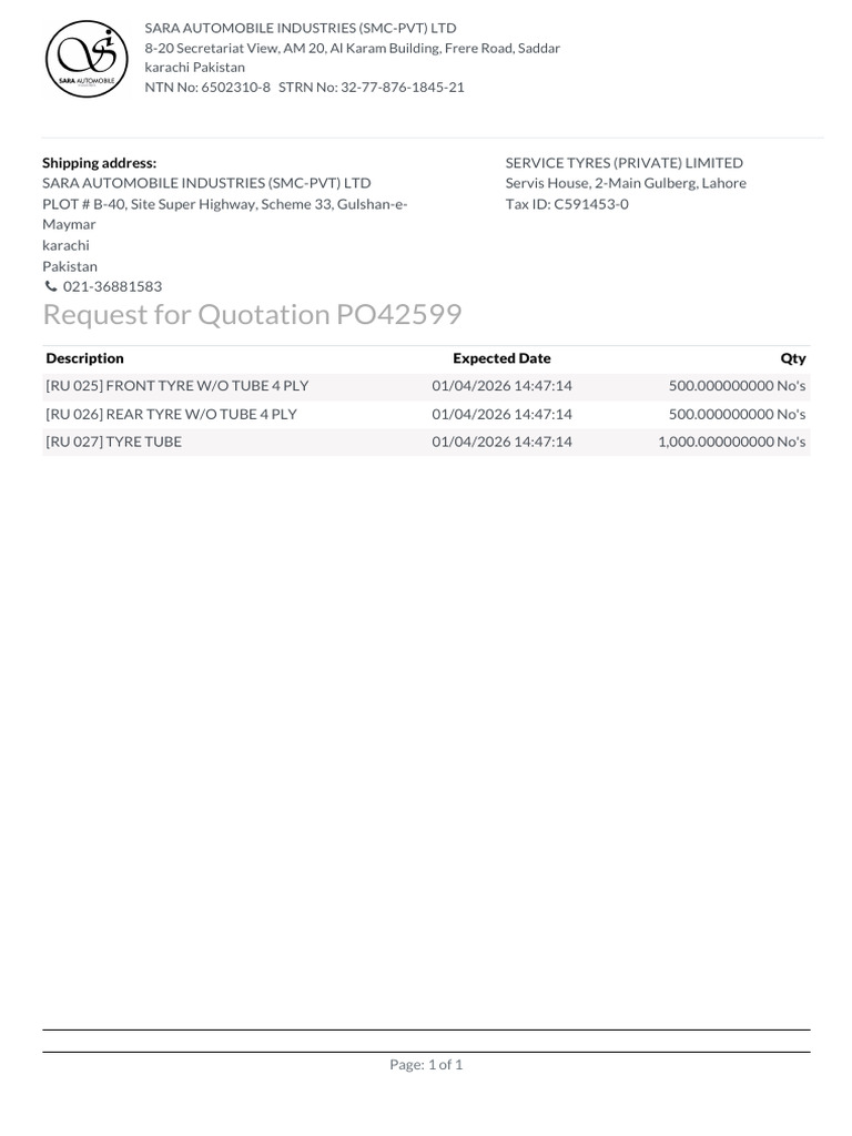 Request for Quotation - PO42599 | PDF