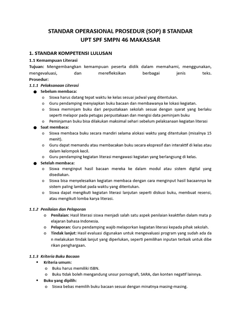 Standar Operasional Prosedur (Sop) 8 Standar Satuan Pendidikan | PDF
