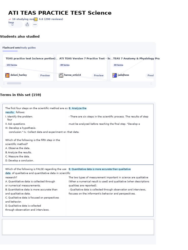 ATI TEAS PRACTICE TEST Science Flashcards _ Quizlet | PDF | Heart Valve ...