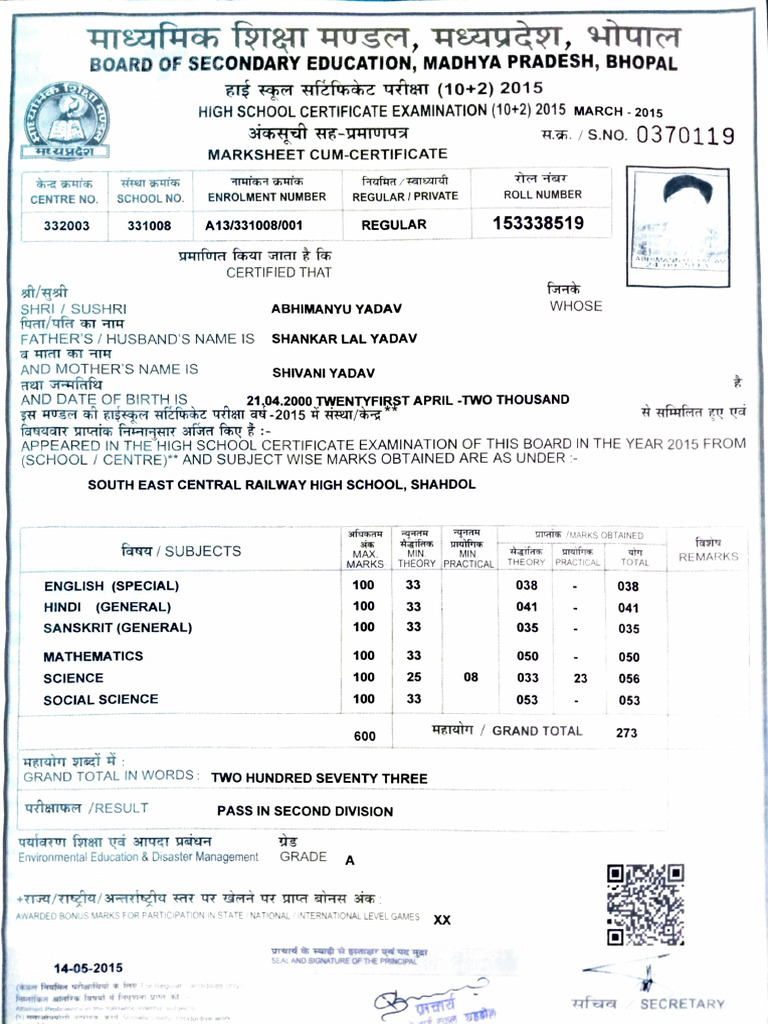 SSLC Marksheet | PDF